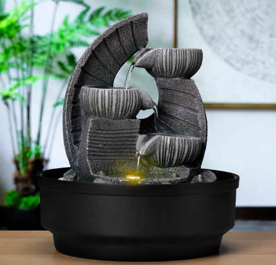Basics Zen Indoor Fountain with LED | Pump | 1.1L Large Tank | Textured Stone Look, Grey with Black